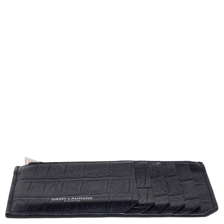 مملوكة مسبقًا Saint Laurent Black Croc Embossed Leather Zip Card Holder