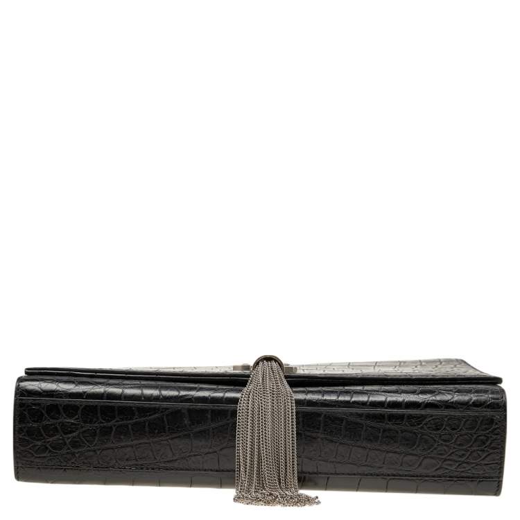 Pre Owned Saint Laurent Black Croc Embossed Leather Medium Kate Tassel Shoulder Bag