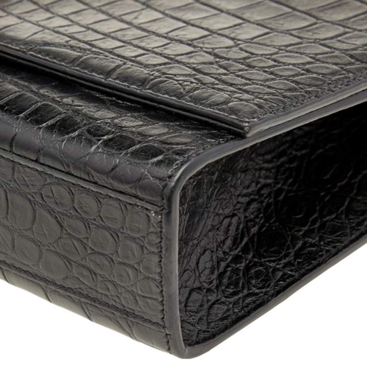 Pre Owned Saint Laurent Black Croc Embossed Leather Medium Kate Tassel Shoulder Bag