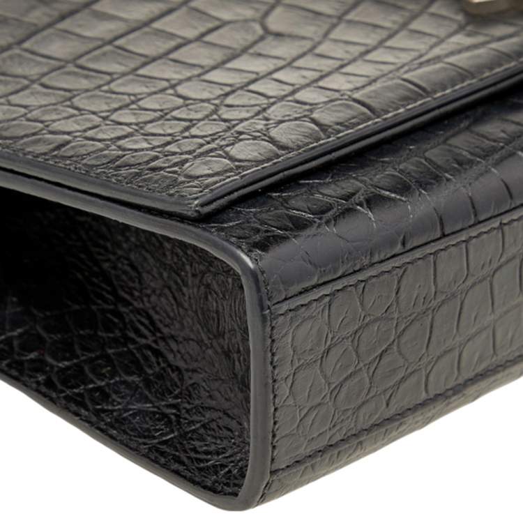 Pre Owned Saint Laurent Black Croc Embossed Leather Medium Kate Tassel Shoulder Bag