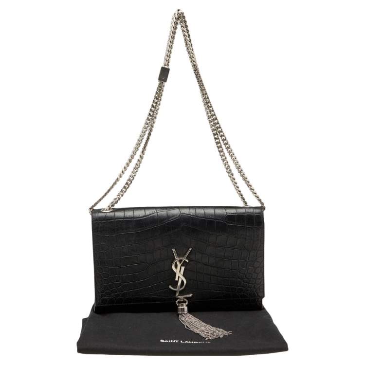 Pre Owned Saint Laurent Black Croc Embossed Leather Medium Kate Tassel Shoulder Bag
