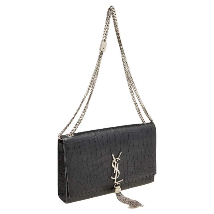 Pre Owned Saint Laurent Black Croc Embossed Leather Medium Kate Tassel Shoulder Bag