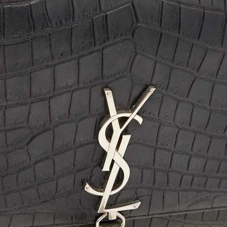 Pre Owned Saint Laurent Black Croc Embossed Leather Medium Kate Tassel Shoulder Bag