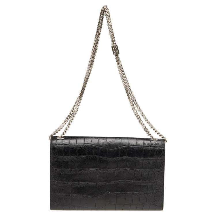 Pre Owned Saint Laurent Black Croc Embossed Leather Medium Kate Tassel Shoulder Bag