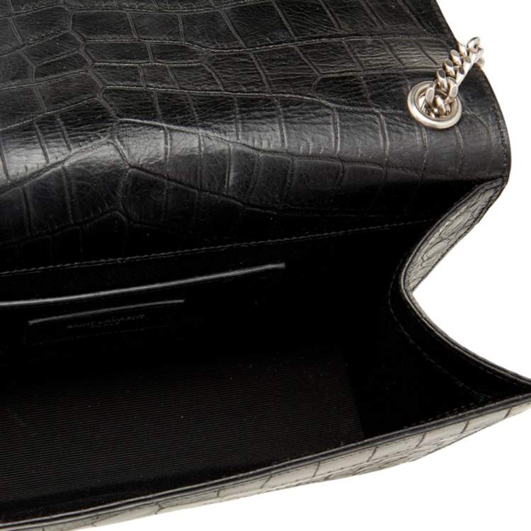 Pre Owned Saint Laurent Black Croc Embossed Leather Medium Kate Tassel Shoulder Bag