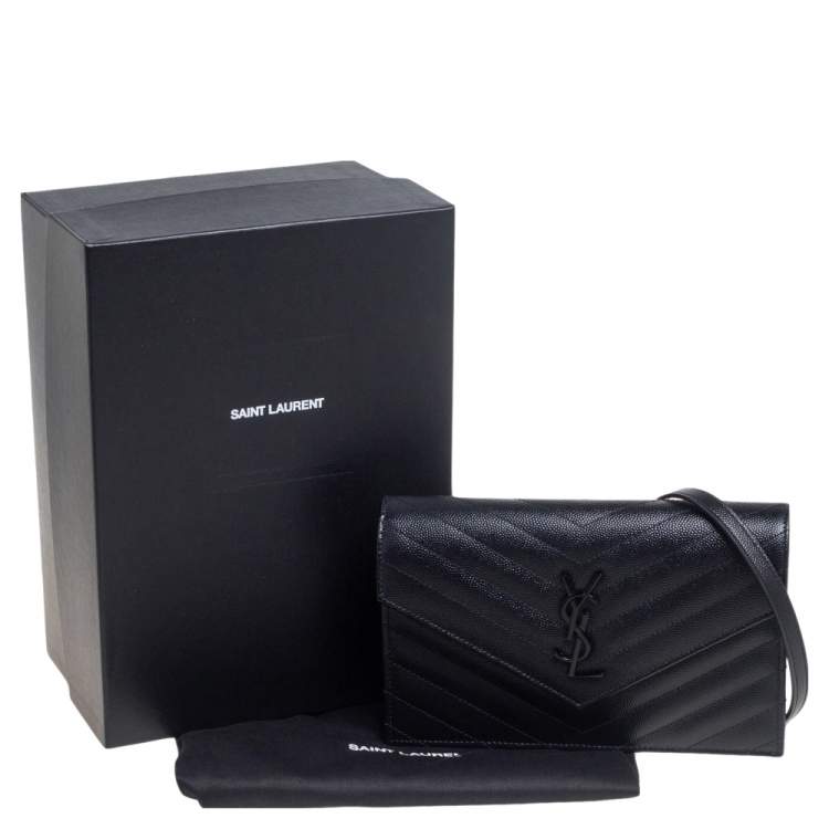 Pre Owned Saint Laurent Black Matelassé Leather Monogram Envelope Wallet on Chain