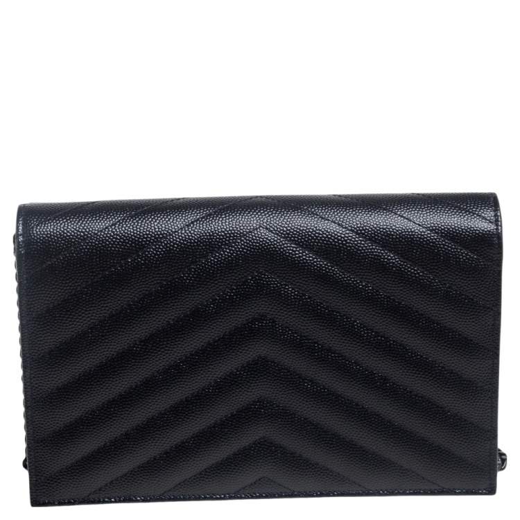 Pre Owned Saint Laurent Black Matelassé Leather Monogram Envelope Wallet on Chain