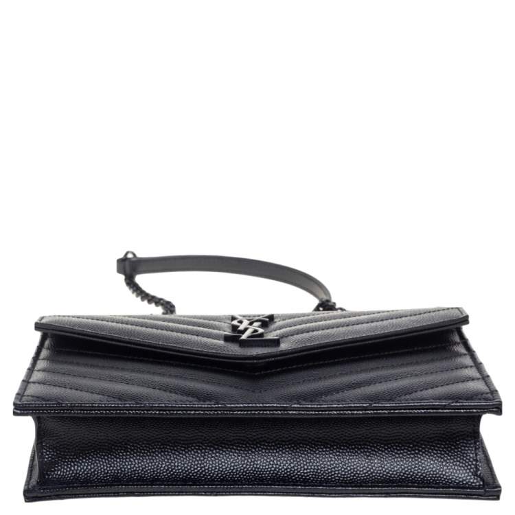 Pre Owned Saint Laurent Black Matelassé Leather Monogram Envelope Wallet on Chain