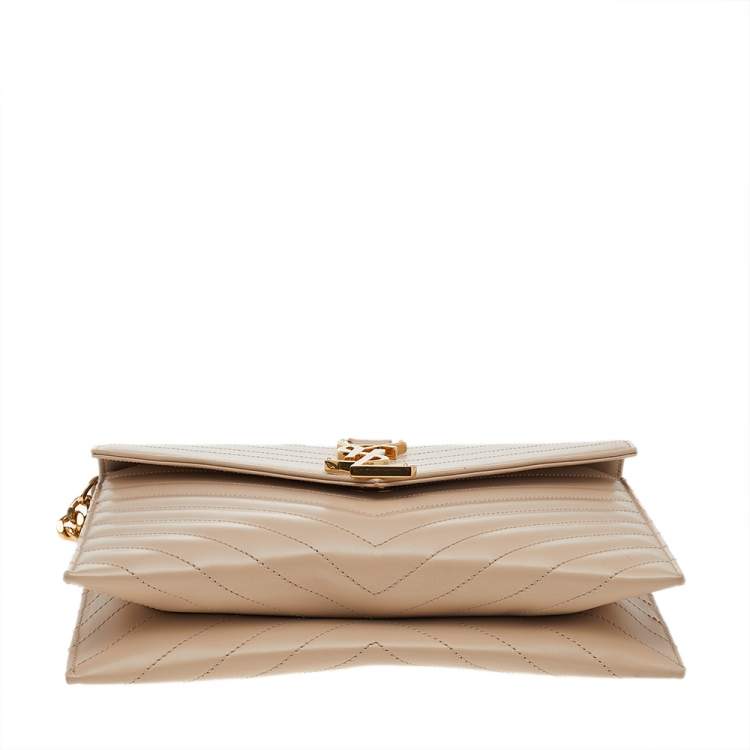 Pre Owned Saint Laurent Beige Chevron Quilted Leather Monogram Envelope Shoulder Bag