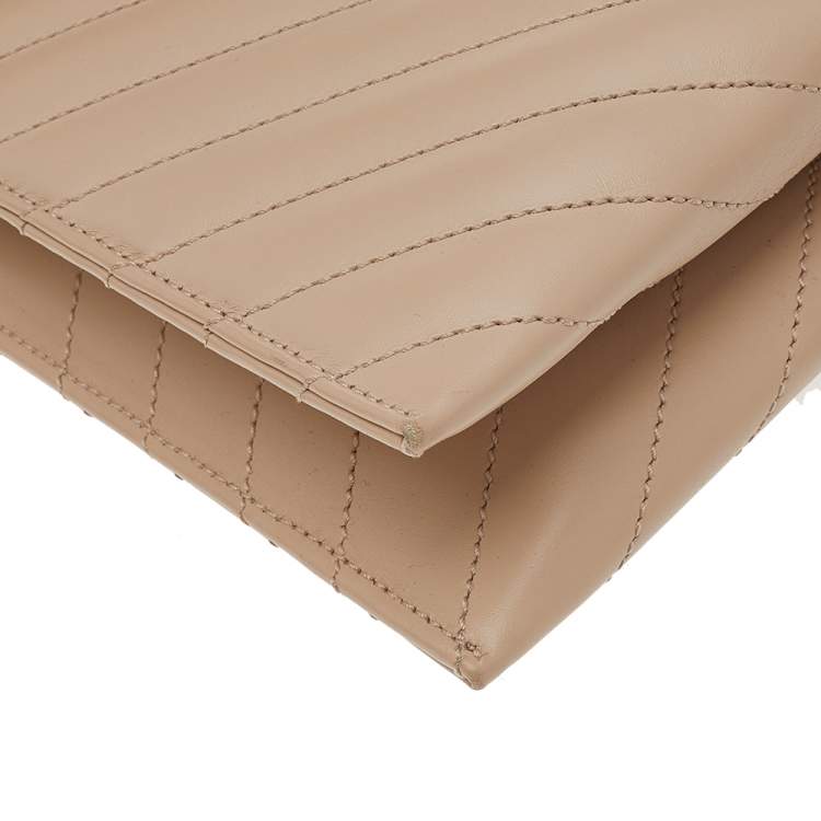 Pre Owned Saint Laurent Beige Chevron Quilted Leather Monogram Envelope Shoulder Bag