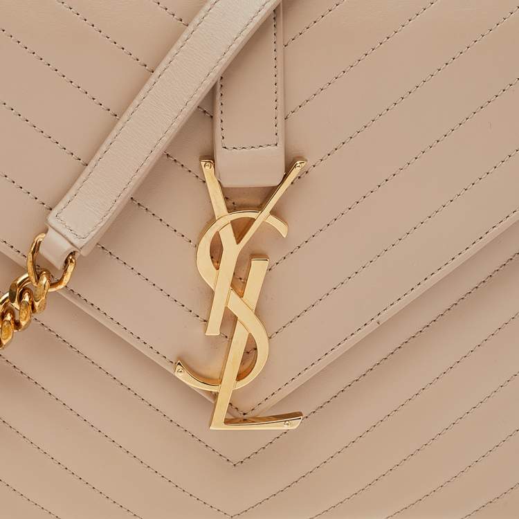 Pre Owned Saint Laurent Beige Chevron Quilted Leather Monogram Envelope Shoulder Bag