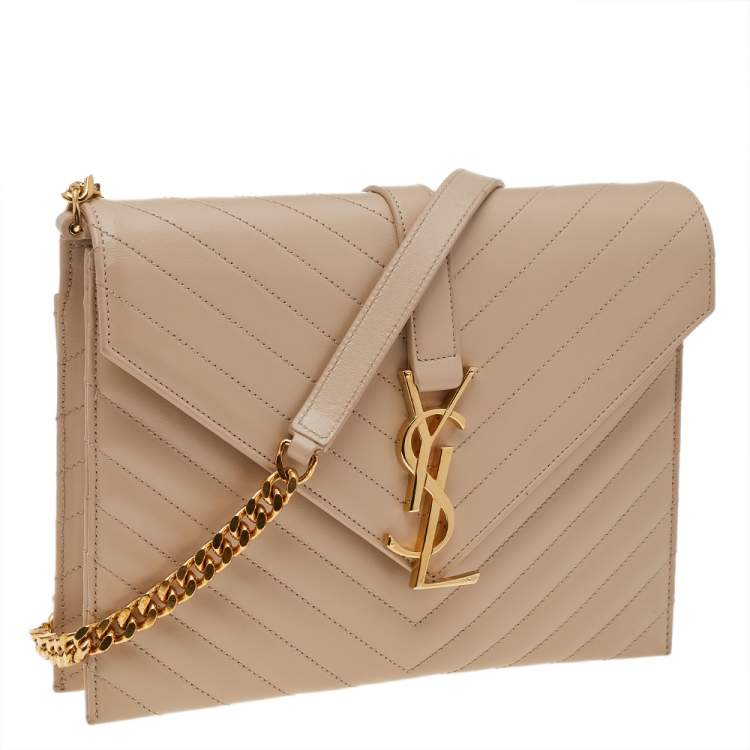 Pre Owned Saint Laurent Beige Chevron Quilted Leather Monogram Envelope Shoulder Bag