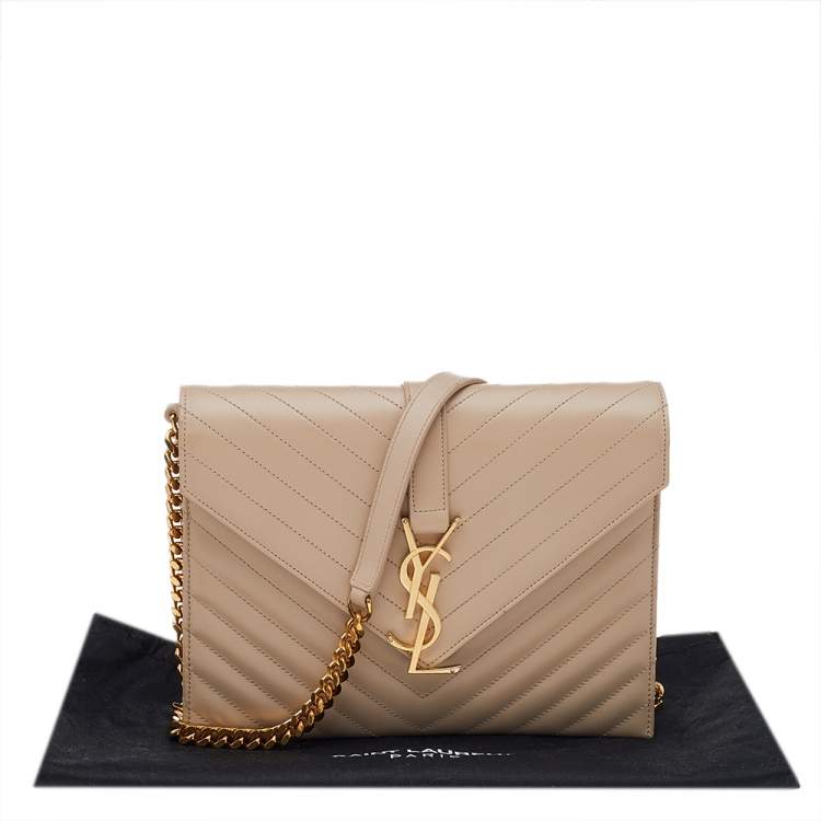 Pre Owned Saint Laurent Beige Chevron Quilted Leather Monogram Envelope Shoulder Bag
