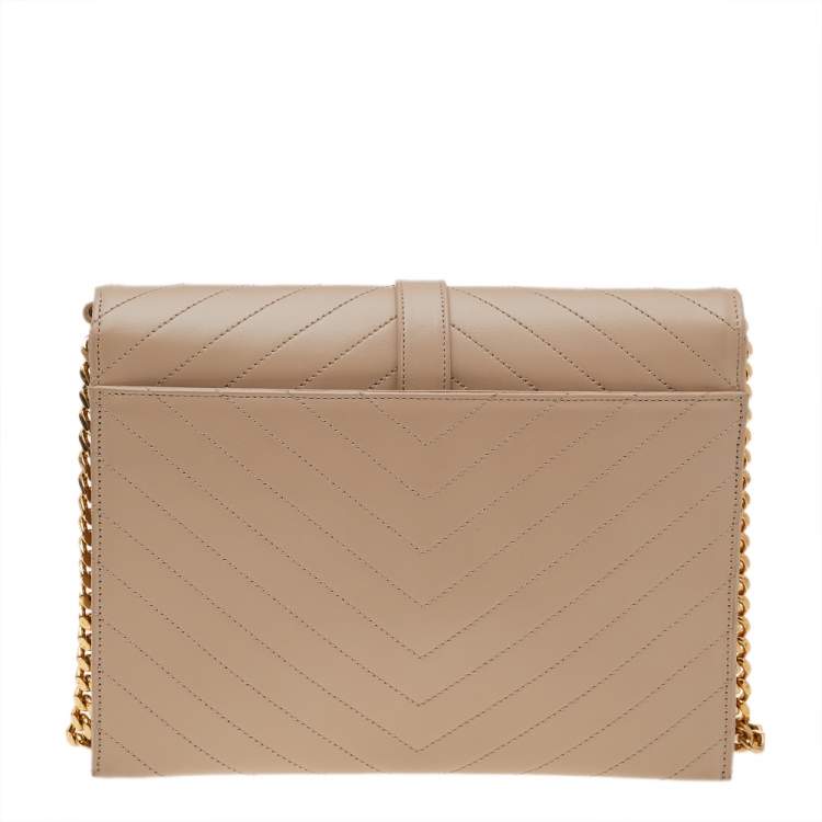 Pre Owned Saint Laurent Beige Chevron Quilted Leather Monogram Envelope Shoulder Bag
