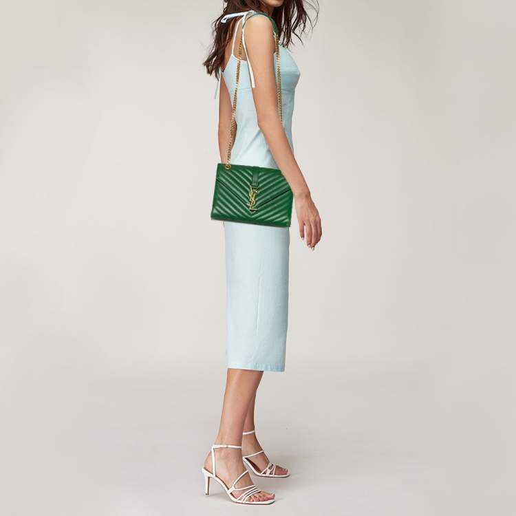 Pre Owned Saint Laurent Green Chevron Leather Medium Cassandre Flap Shoulder Bag