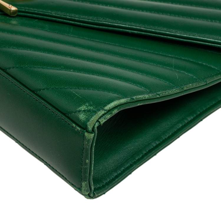 Pre Owned Saint Laurent Green Chevron Leather Medium Cassandre Flap Shoulder Bag