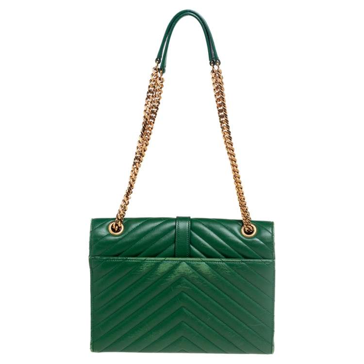 Pre Owned Saint Laurent Green Chevron Leather Medium Cassandre Flap Shoulder Bag