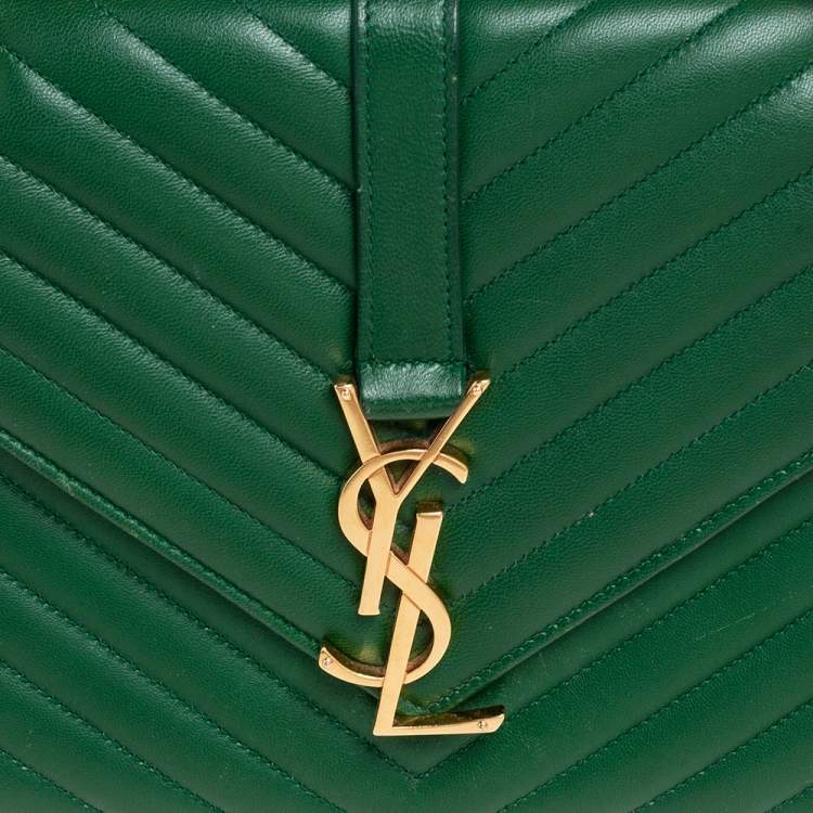Pre Owned Saint Laurent Green Chevron Leather Medium Cassandre Flap Shoulder Bag