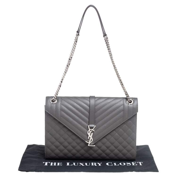 Pre Owned Saint Laurent Grey Quilted Leather Monogram Envelope Shoulder Bag