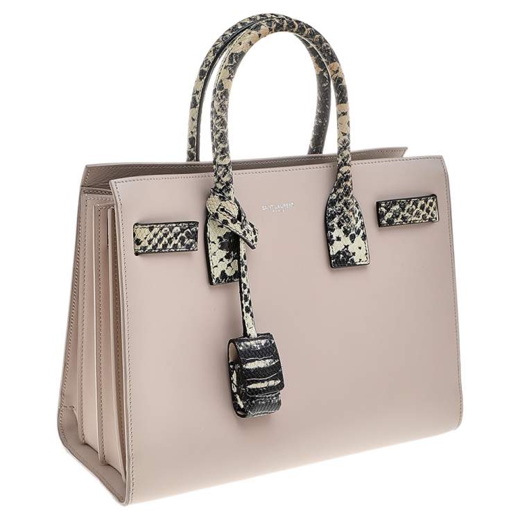Pre Owned Saint Laurent Pale Pink Leather And Python Embossed Leather Small Sac De Jour Tote 