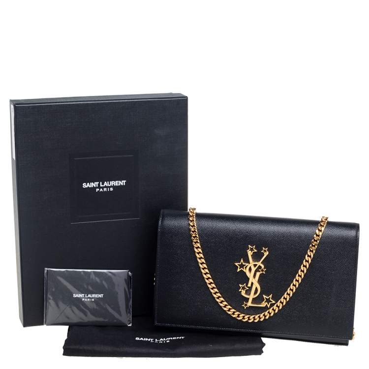 مملوكة مسبقًا Saint Laurent Black Leather Star Studded Monogram Wallet on Chain