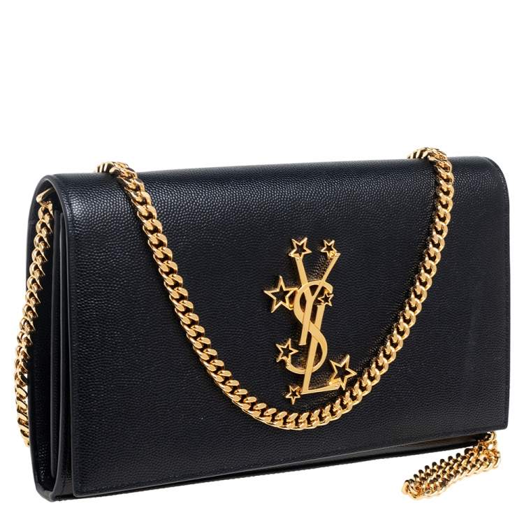 مملوكة مسبقًا Saint Laurent Black Leather Star Studded Monogram Wallet on Chain