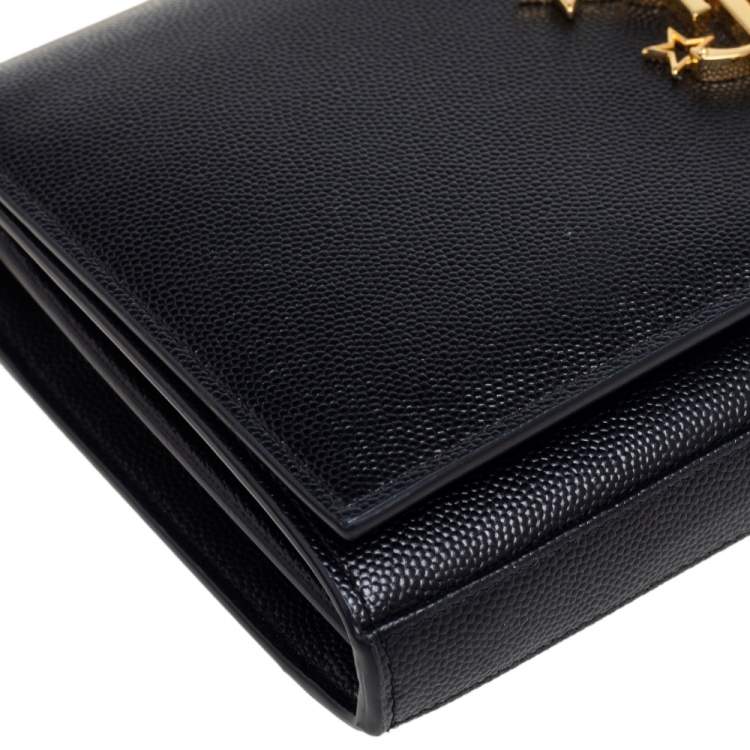 مملوكة مسبقًا Saint Laurent Black Leather Star Studded Monogram Wallet on Chain