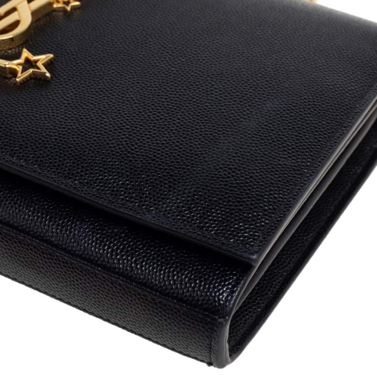 مملوكة مسبقًا Saint Laurent Black Leather Star Studded Monogram Wallet on Chain