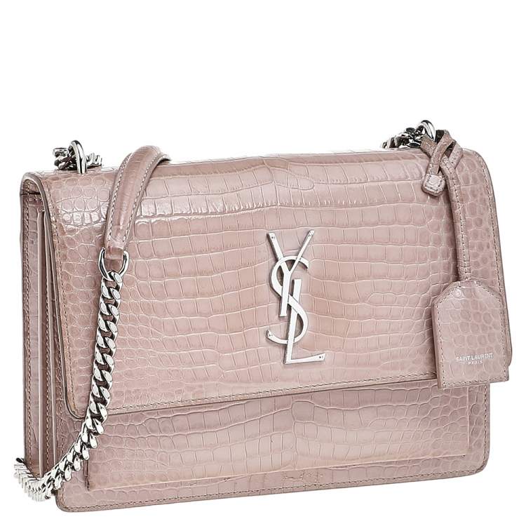 Pre Owned  Saint Laurent Beige Croc Embossed Leather Medium Sunset Shoulder Bag