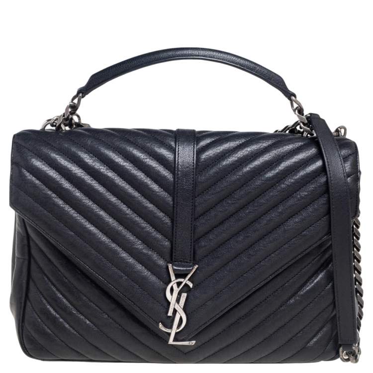 Pre Owned Saint Laurent Black Matelassé Leather Large College Top Handle Bag
