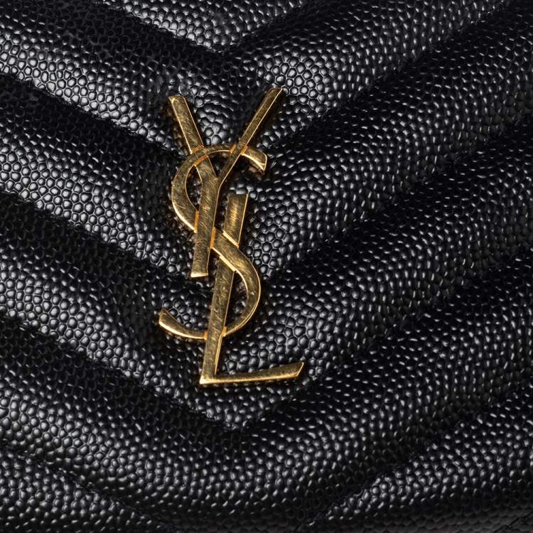 Pre Owned Saint Laurent Paris Black Matelassé Leather Monogram Zippered Card Case