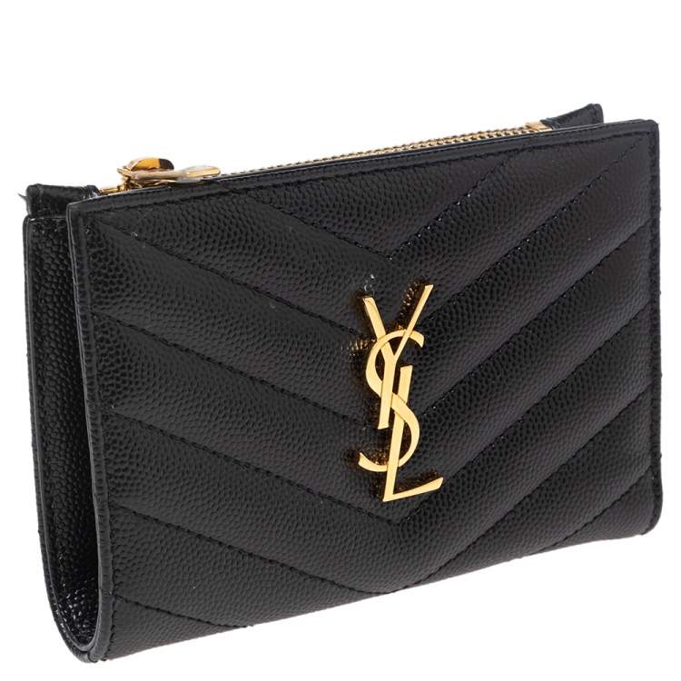 Pre Owned Saint Laurent Paris Black Matelassé Leather Monogram Zippered Card Case