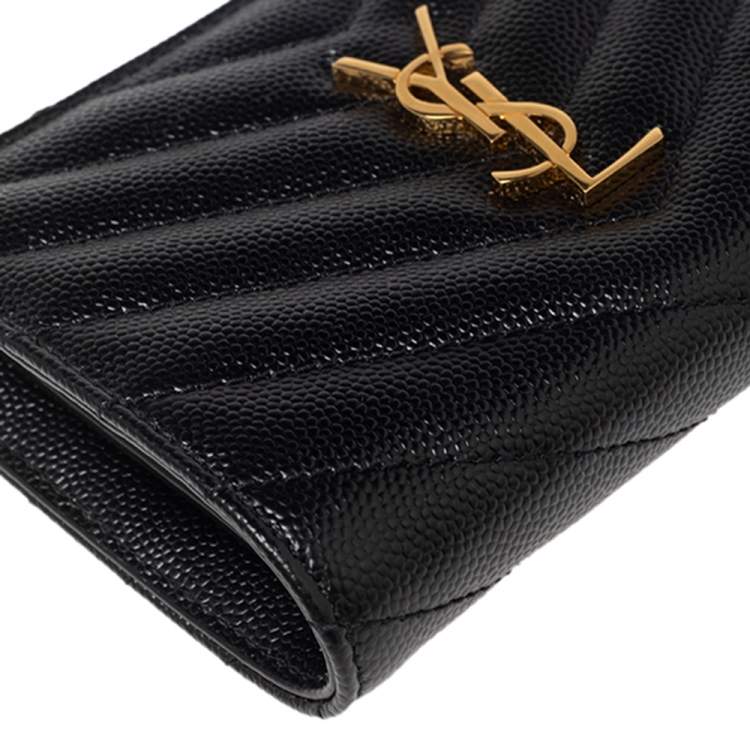 Pre Owned Saint Laurent Paris Black Matelassé Leather Monogram Zippered Card Case