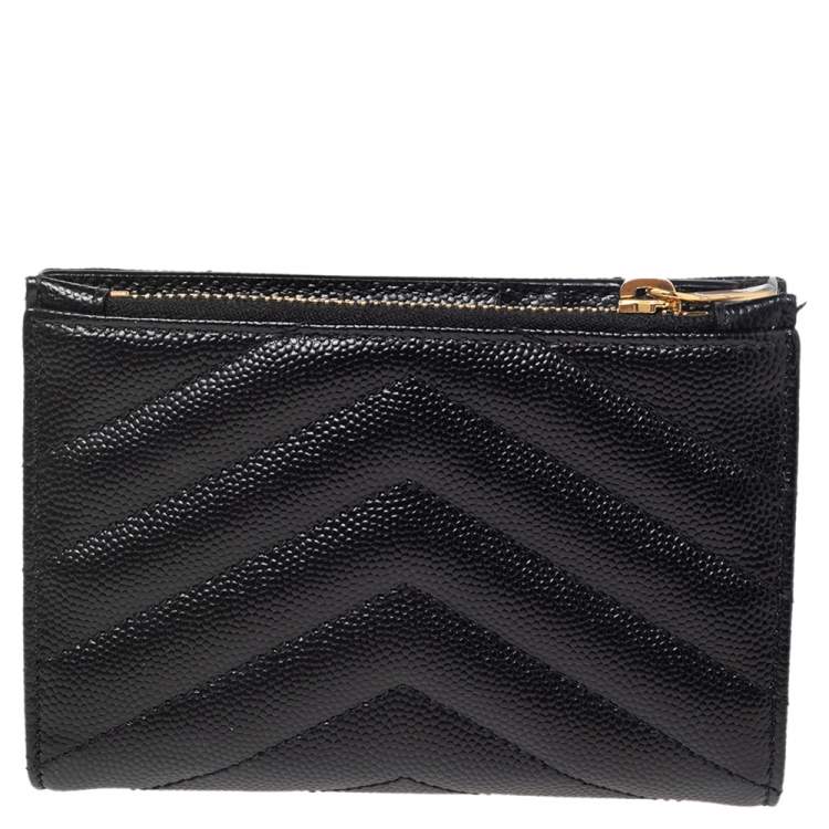 Pre Owned Saint Laurent Paris Black Matelassé Leather Monogram Zippered Card Case