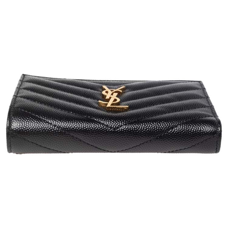 Pre Owned Saint Laurent Paris Black Matelassé Leather Monogram Zippered Card Case