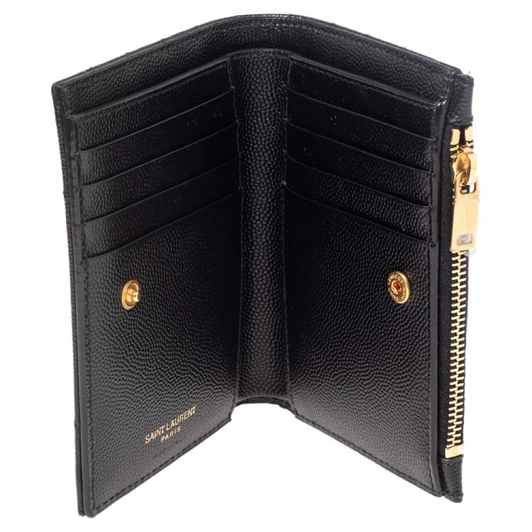 Pre Owned Saint Laurent Paris Black Matelassé Leather Monogram Zippered Card Case