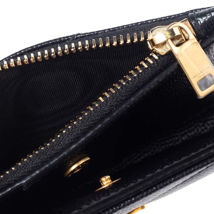 Pre Owned Saint Laurent Paris Black Matelassé Leather Monogram Zippered Card Case