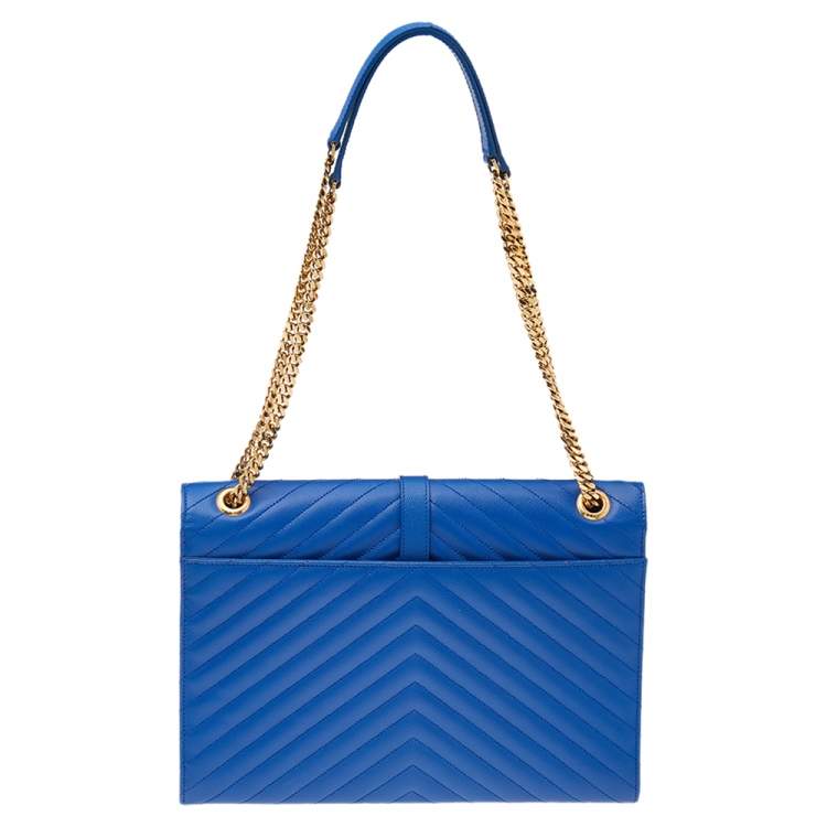Pre Owned Saint Laurent Blue Leather Large Matelassé Envelope Shoulder Bag