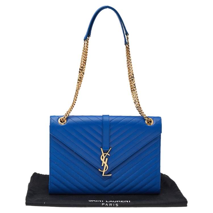 Pre Owned Saint Laurent Blue Leather Large Matelassé Envelope Shoulder Bag