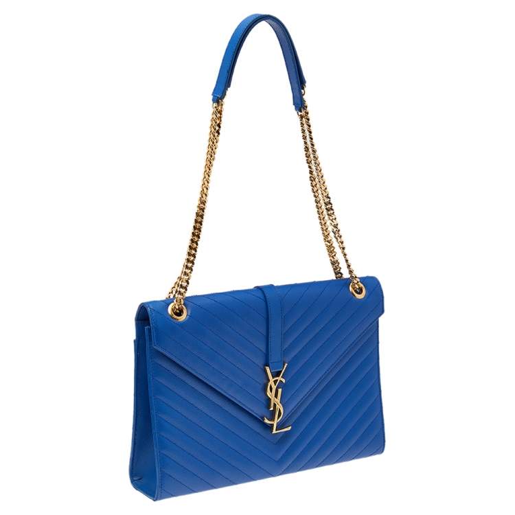 Pre Owned Saint Laurent Blue Leather Large Matelassé Envelope Shoulder Bag