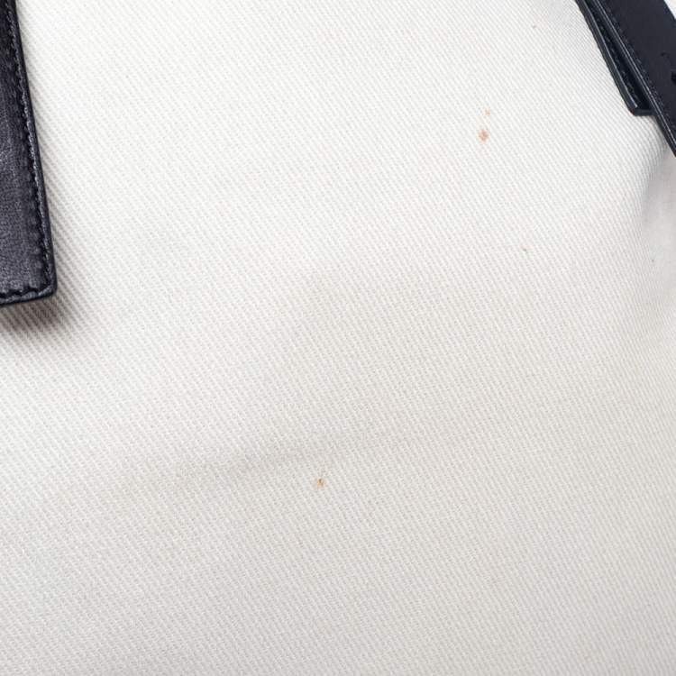 Pre Owned Saint Laurent Off White/Black Canvas and Leather Kahala Tote