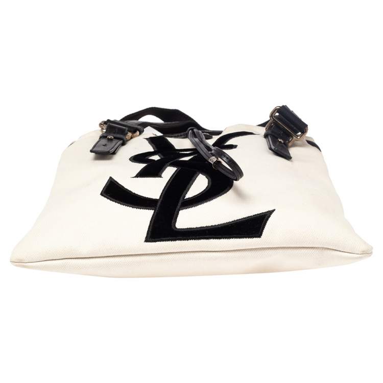 Pre Owned Saint Laurent Off White/Black Canvas and Leather Kahala Tote