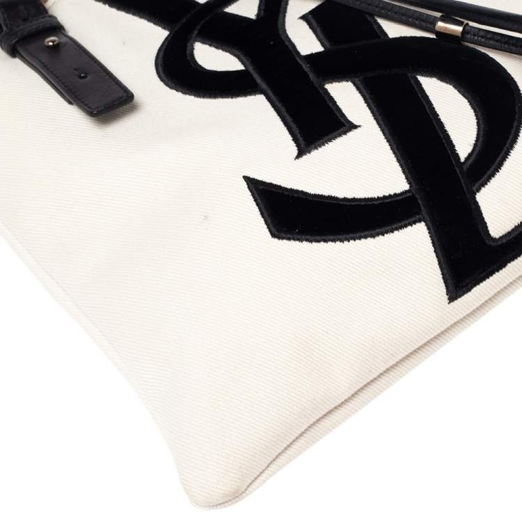 Pre Owned Saint Laurent Off White/Black Canvas and Leather Kahala Tote