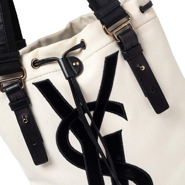 Pre Owned Saint Laurent Off White/Black Canvas and Leather Kahala Tote