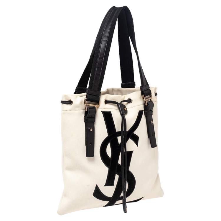 Pre Owned Saint Laurent Off White/Black Canvas and Leather Kahala Tote