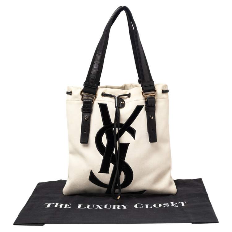 Pre Owned Saint Laurent Off White/Black Canvas and Leather Kahala Tote