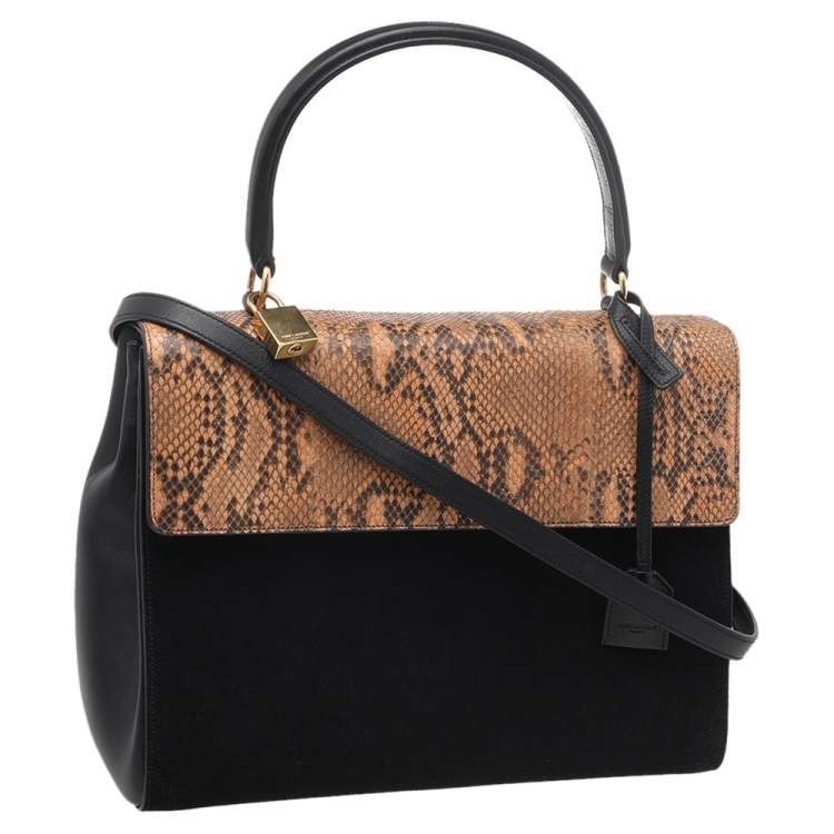 Pre Owned Saint Laurent Black/Beige Python Leather And Suede Medium Moujik Top Handle Bag