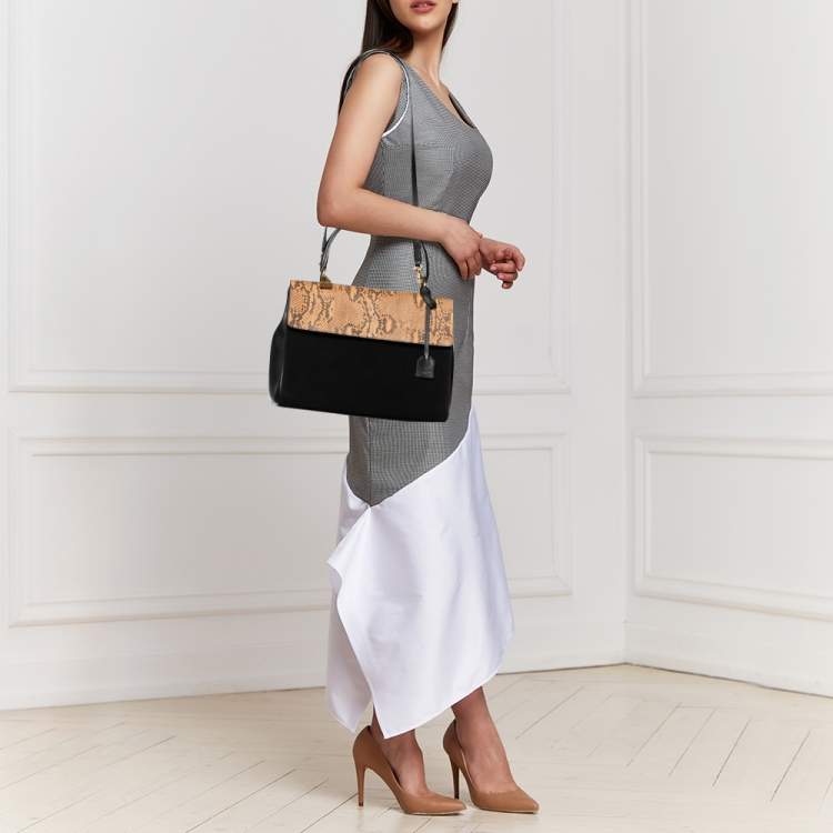 Pre Owned Saint Laurent Black/Beige Python Leather And Suede Medium Moujik Top Handle Bag