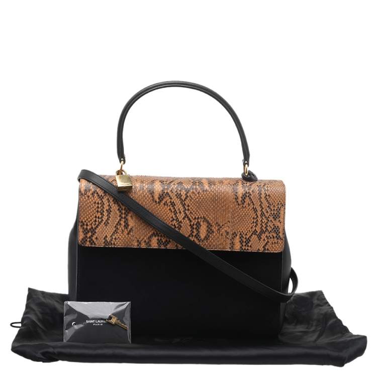 Pre Owned Saint Laurent Black/Beige Python Leather And Suede Medium Moujik Top Handle Bag