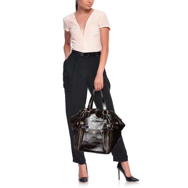 Pre Owned Saint Laurent Dark Brown Patent Leather Medium Downtown Tote